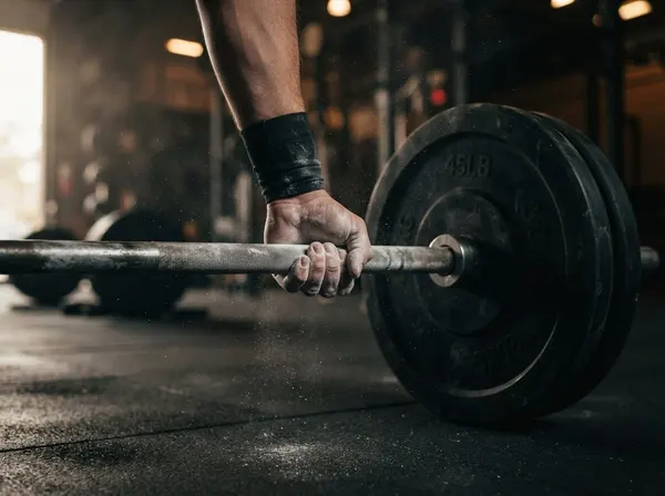 A chalked hand gripping a loaded barbell