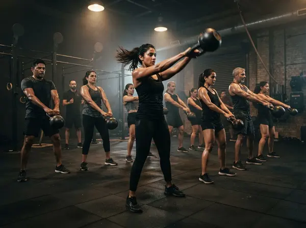 A group HIIT class doing kettlebell swings
