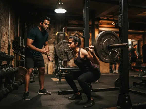A coach watching a member’s form during a barbell back squat