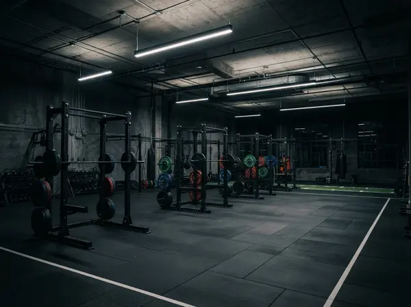 The gym floor: rows of squat racks, barbells and bumper plates under linear lights