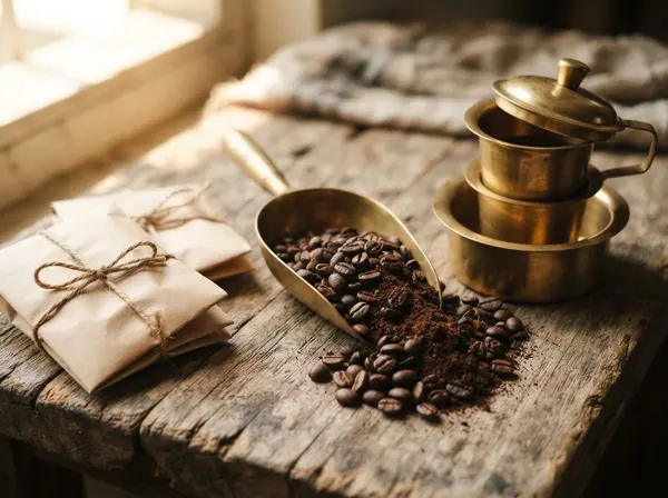 Fresh roasted coffee beans in a brass scoop beside a brass coffee filter
