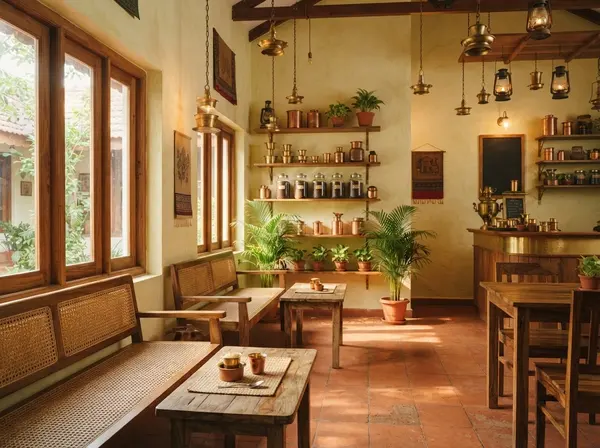 The café: terracotta floor, cane benches, brass lamps and shelves of coffee jars