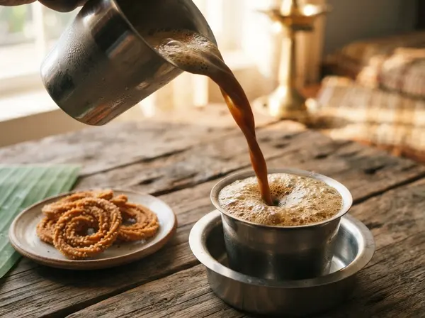 Filter coffee poured from a steel tumbler into a davara, with murukku on the side