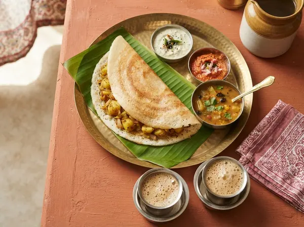 Masala dosa on a banana leaf with coconut chutney, tomato chutney and sambar