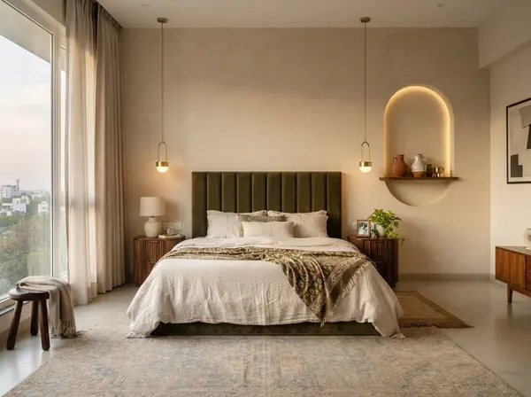 Bedroom with an olive velvet headboard, fluted side tables and a lit arched niche