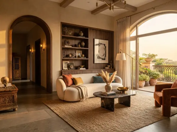 Living room with an arched doorway, cream boucle sofa, walnut shelves and a brass floor lamp