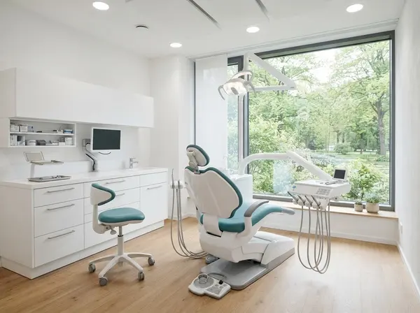 A treatment room with a teal dental chair beside a large window