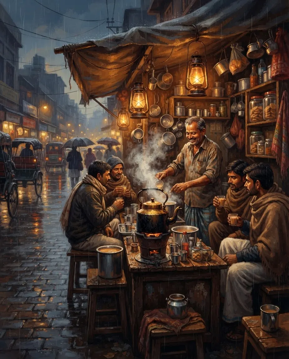 Digital painting of a busy roadside chai stall on a rainy evening, lit by lanterns