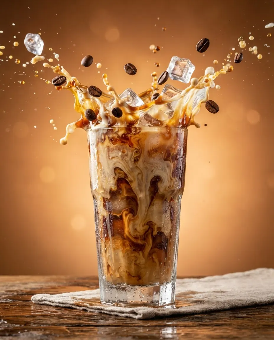 Product ad: iced coffee with cream swirling, coffee beans and ice splashing out of the glass