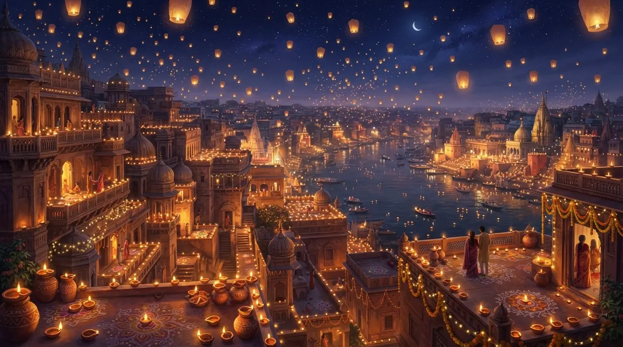 Digital artwork of an old riverside city on Diwali night, rooftops lined with diyas and sky lanterns