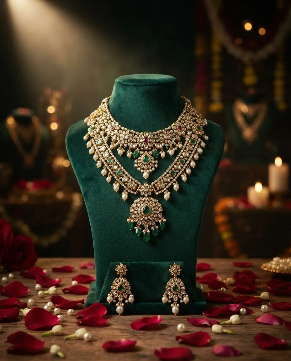 Product ad: gold kundan necklace with emeralds and pearls on a green velvet stand among rose petals