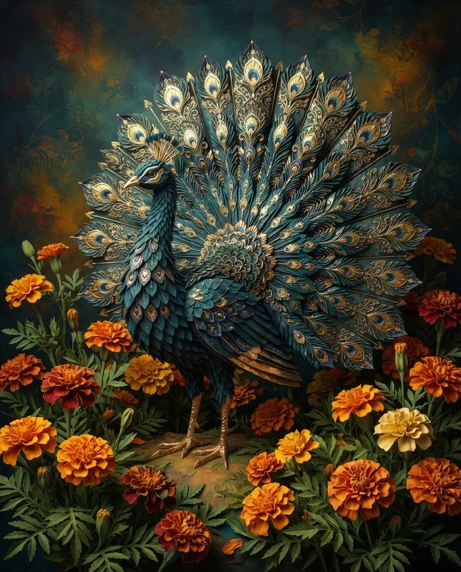 Digital artwork of a peacock made of folded paper and gold leaf among marigolds