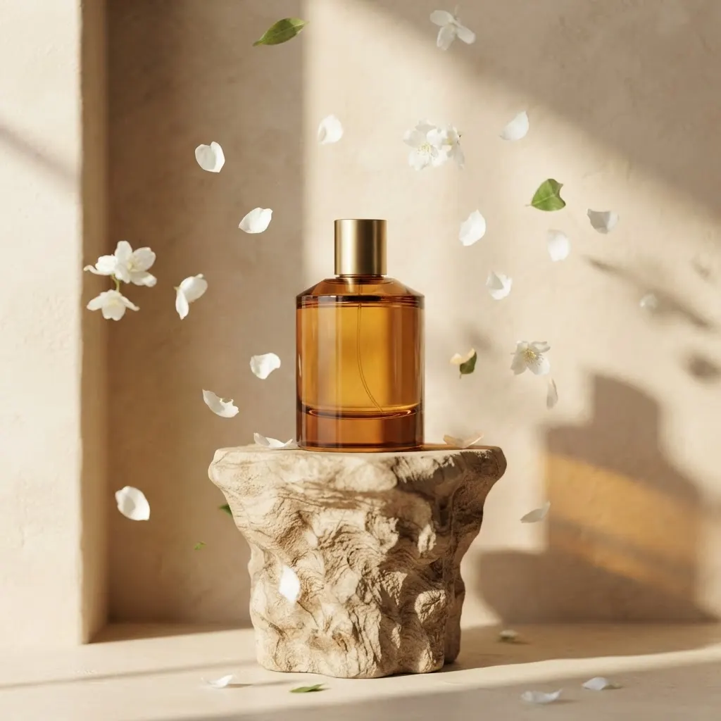 Product visual of an amber perfume bottle on a sandstone pedestal with jasmine petals
