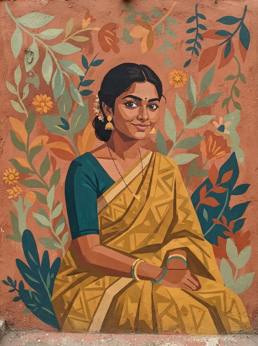 Digital portrait of a woman in a mustard saree painted in a flat gouache mural style