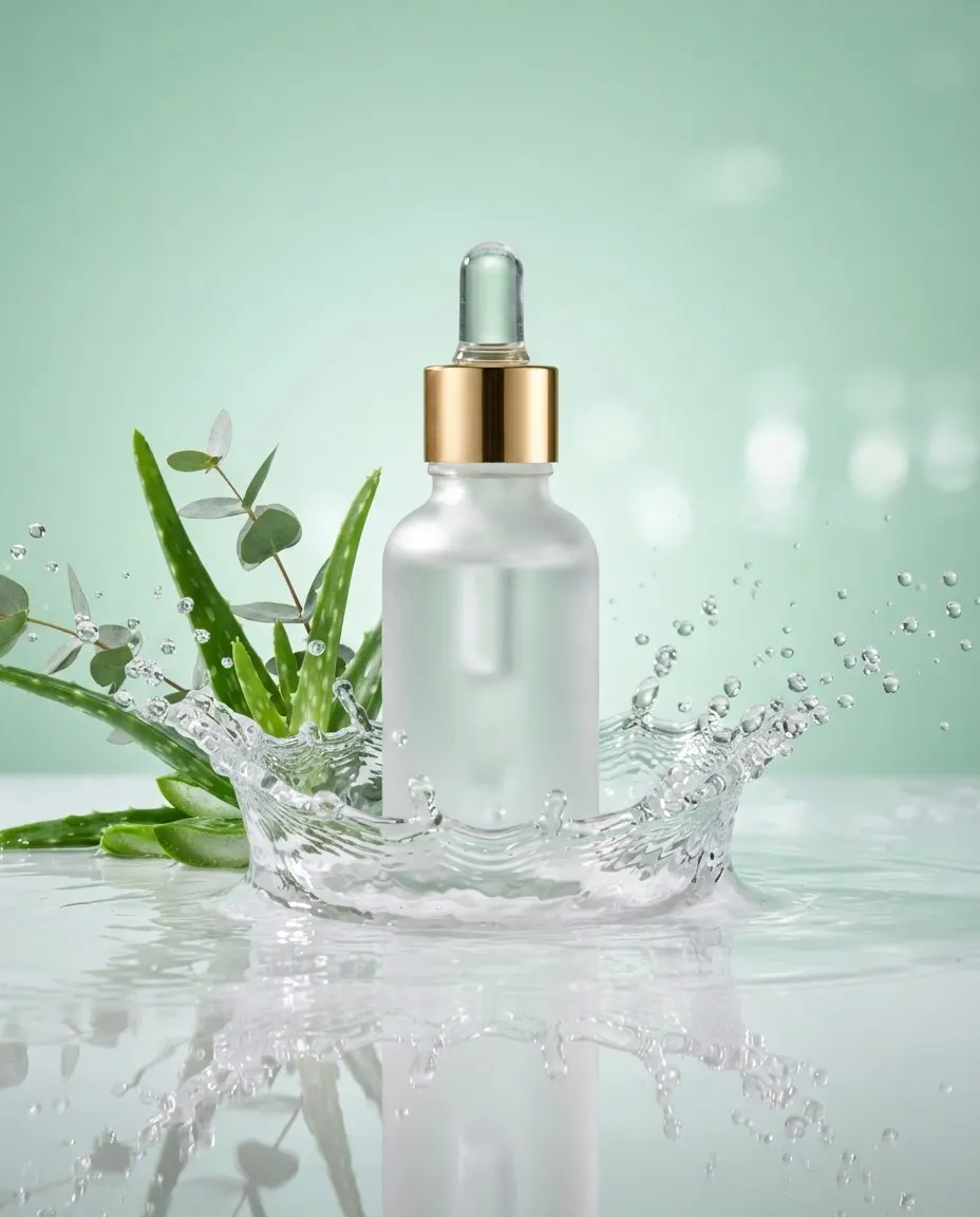 Product ad: frosted serum bottle with a gold dropper in a crown of water splash beside aloe leaves