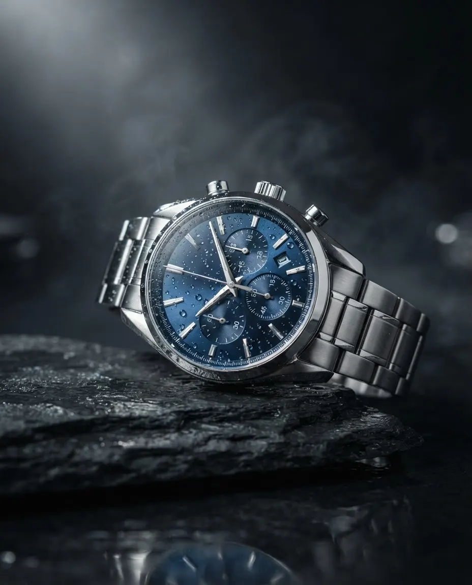 Product ad: steel chronograph watch with a blue dial on wet slate under a dramatic spotlight