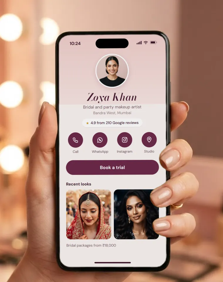 Digital visiting card on a phone for a makeup artist, with a photo, rating, call, WhatsApp, Instagram and studio buttons, a Book a trial button and recent looks