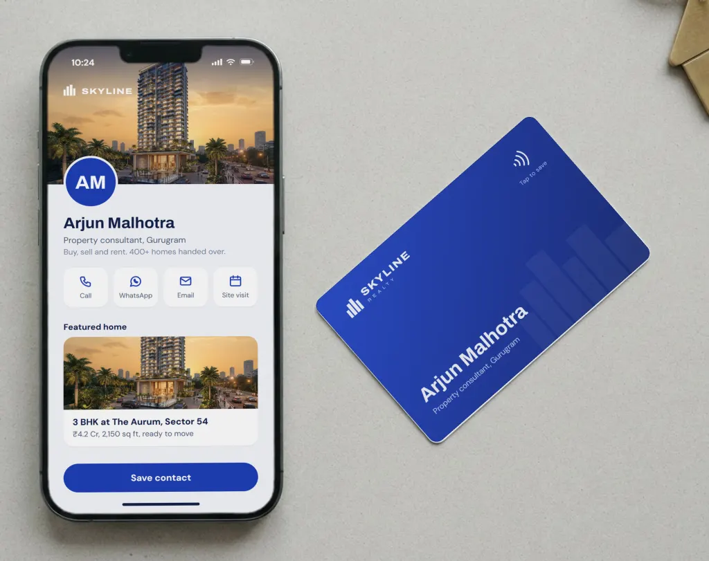 Blue NFC tap card for a property consultant beside a phone showing the matching digital card, with call, WhatsApp, email and site visit buttons and a featured home