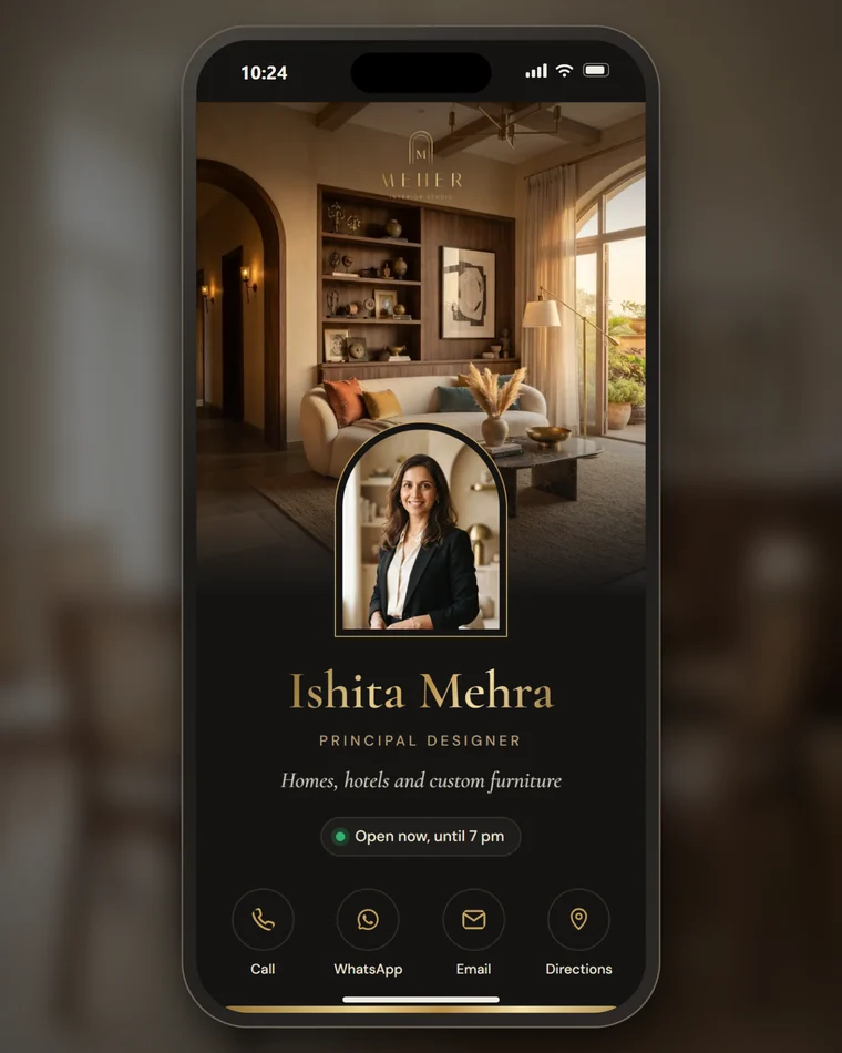 Phone showing the Meher Interior Studio digital business profile in black and gold: a living room cover photo, the designer’s arched portrait, call, WhatsApp, email and directions buttons