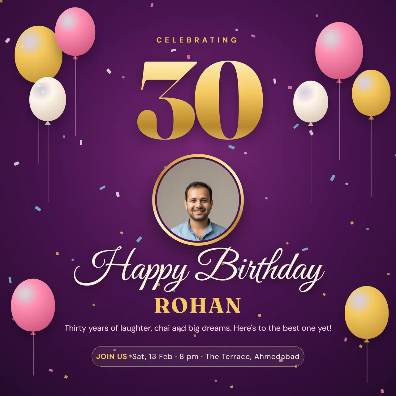 30th birthday celebration card in plum and gold with glossy balloons, confetti, a gold-ringed photo and party details