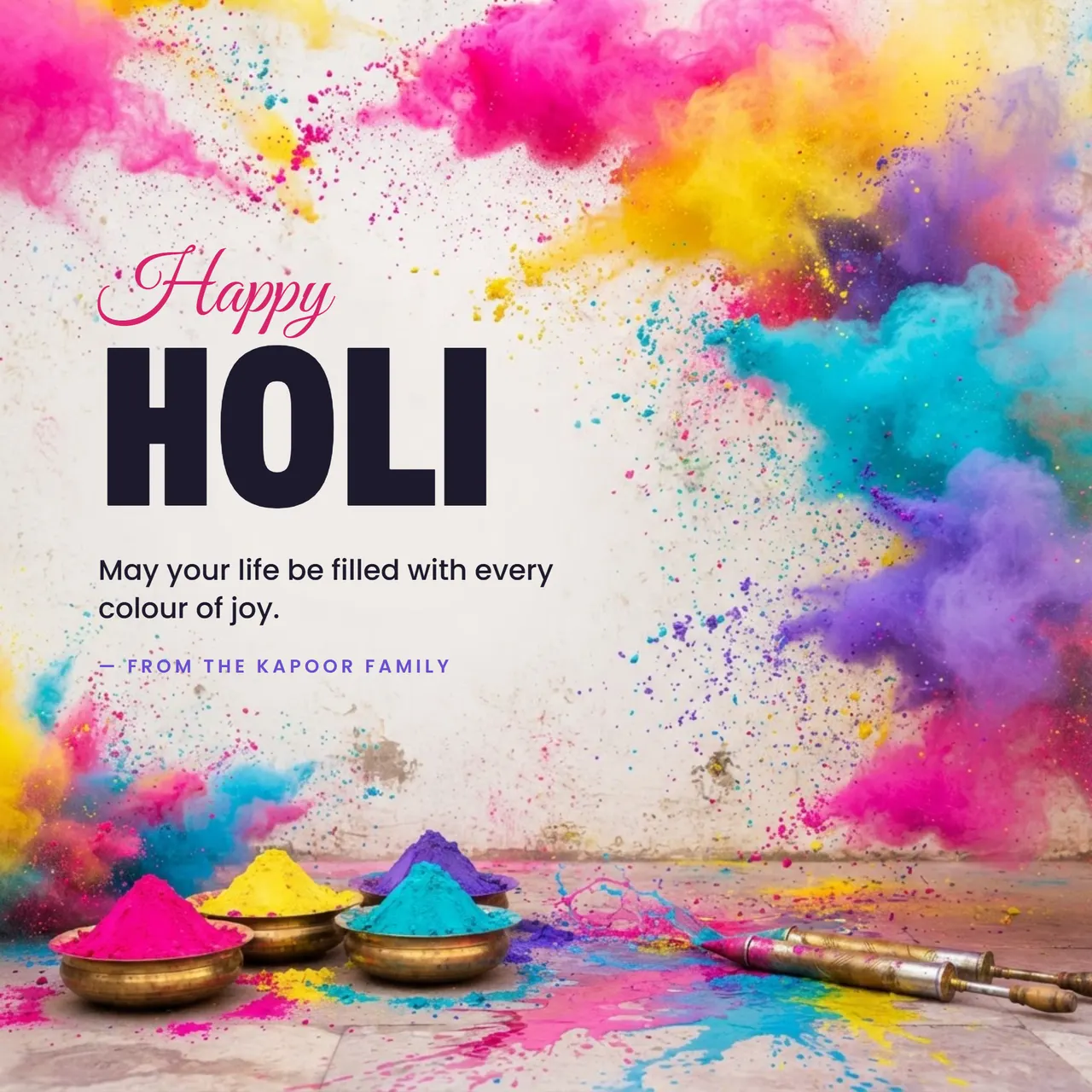 Holi greeting with bold lettering beside bursts of pink, yellow, turquoise and violet gulal powder