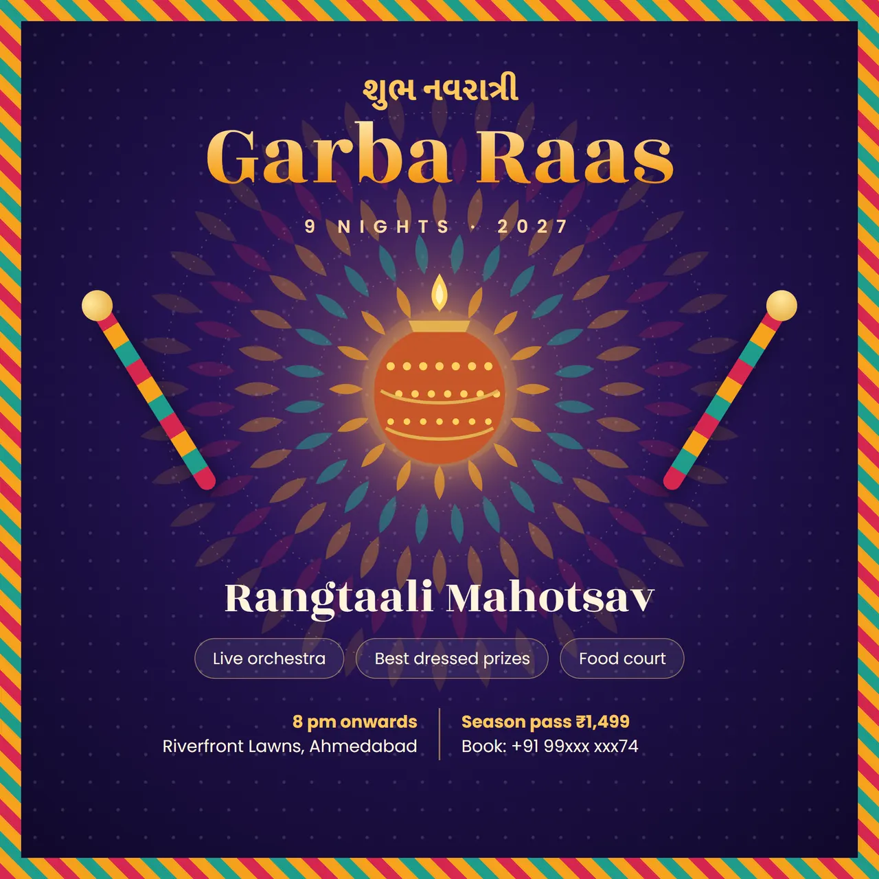 Navratri garba night poster: a glowing garbo lamp in a petal mandala with dandiya sticks, timings, venue and season pass price
