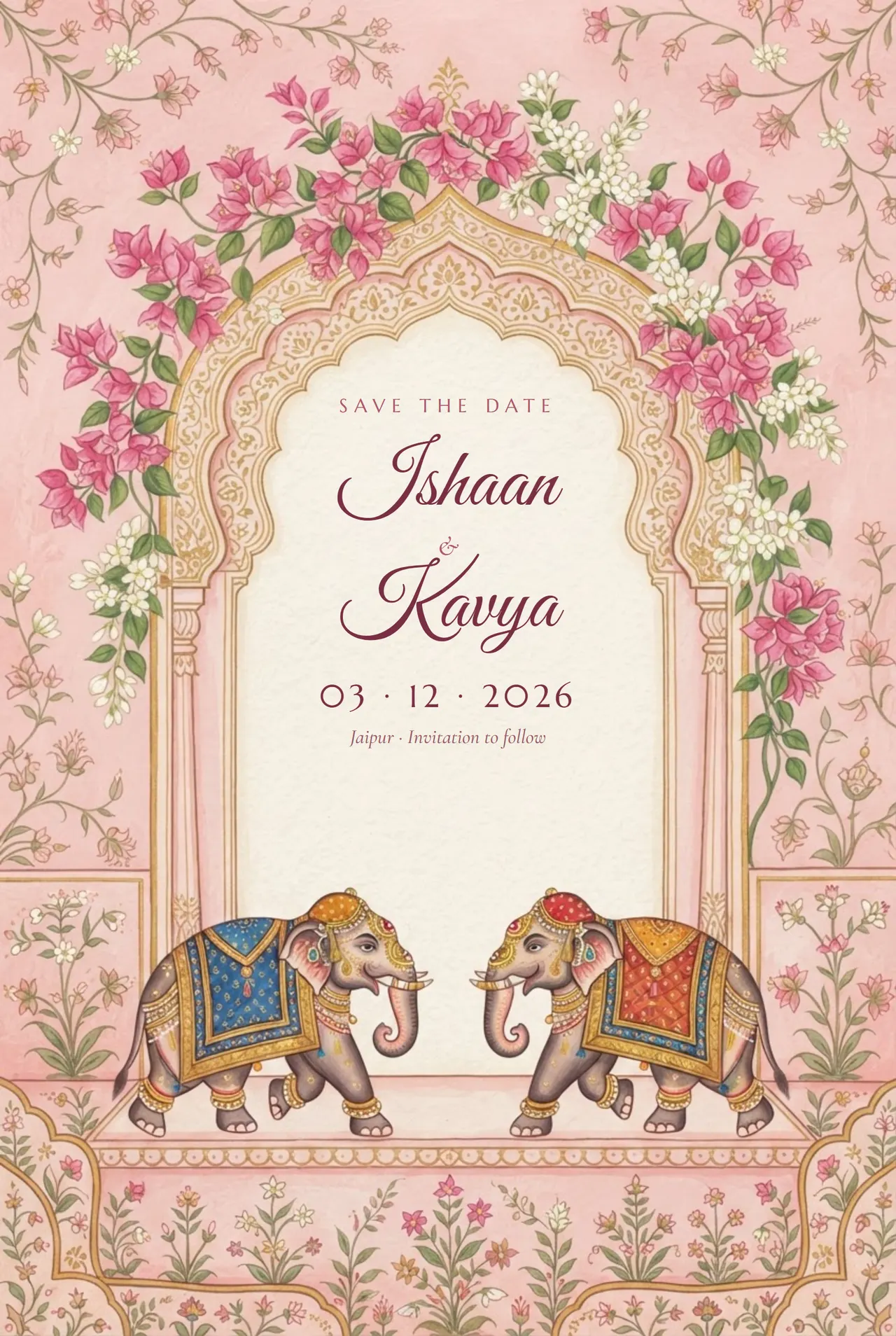 Blush pink save-the-date with a painted palace arch, bougainvillea and two decorated elephants