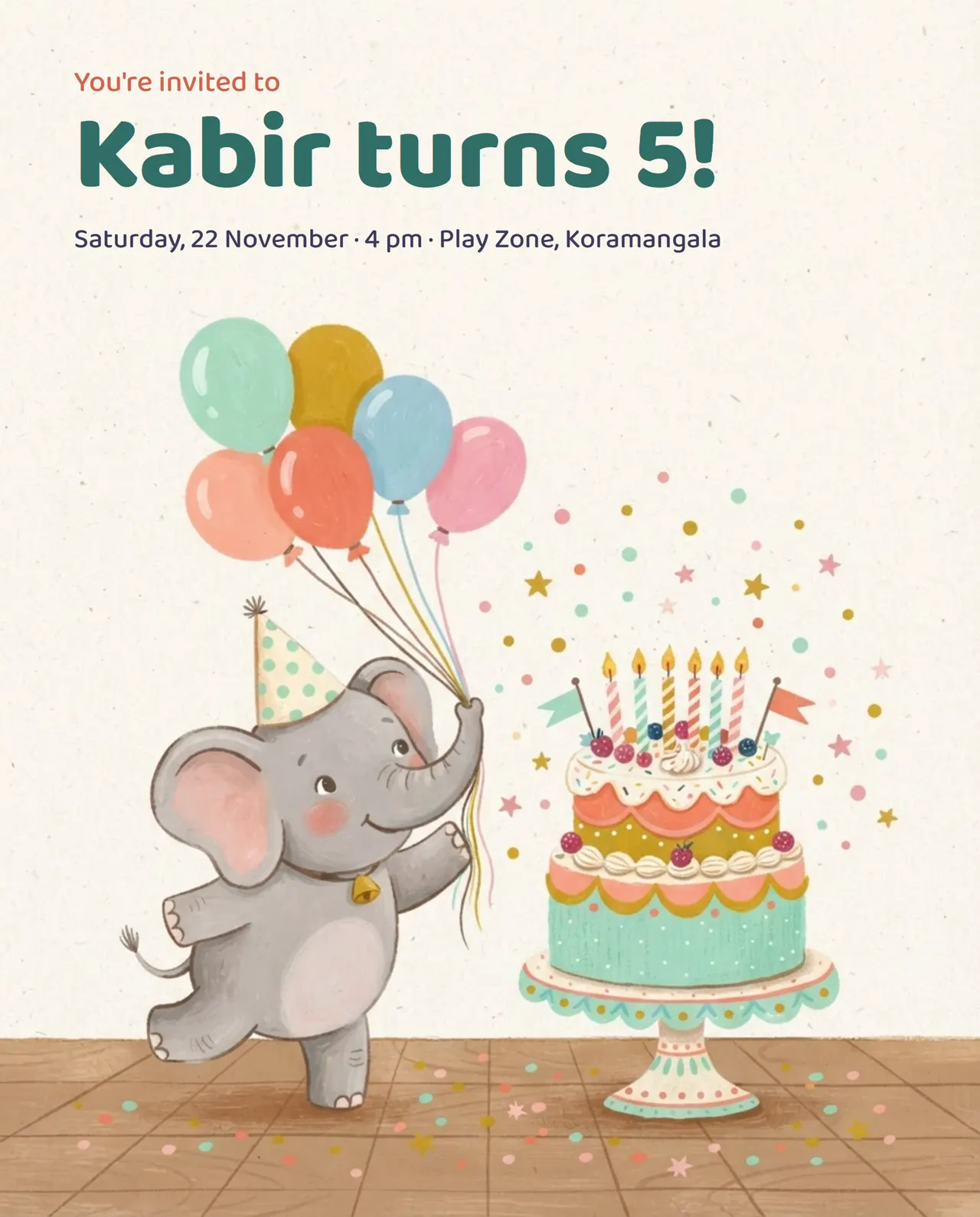 Children's birthday invitation with an illustrated elephant holding balloons beside a cake