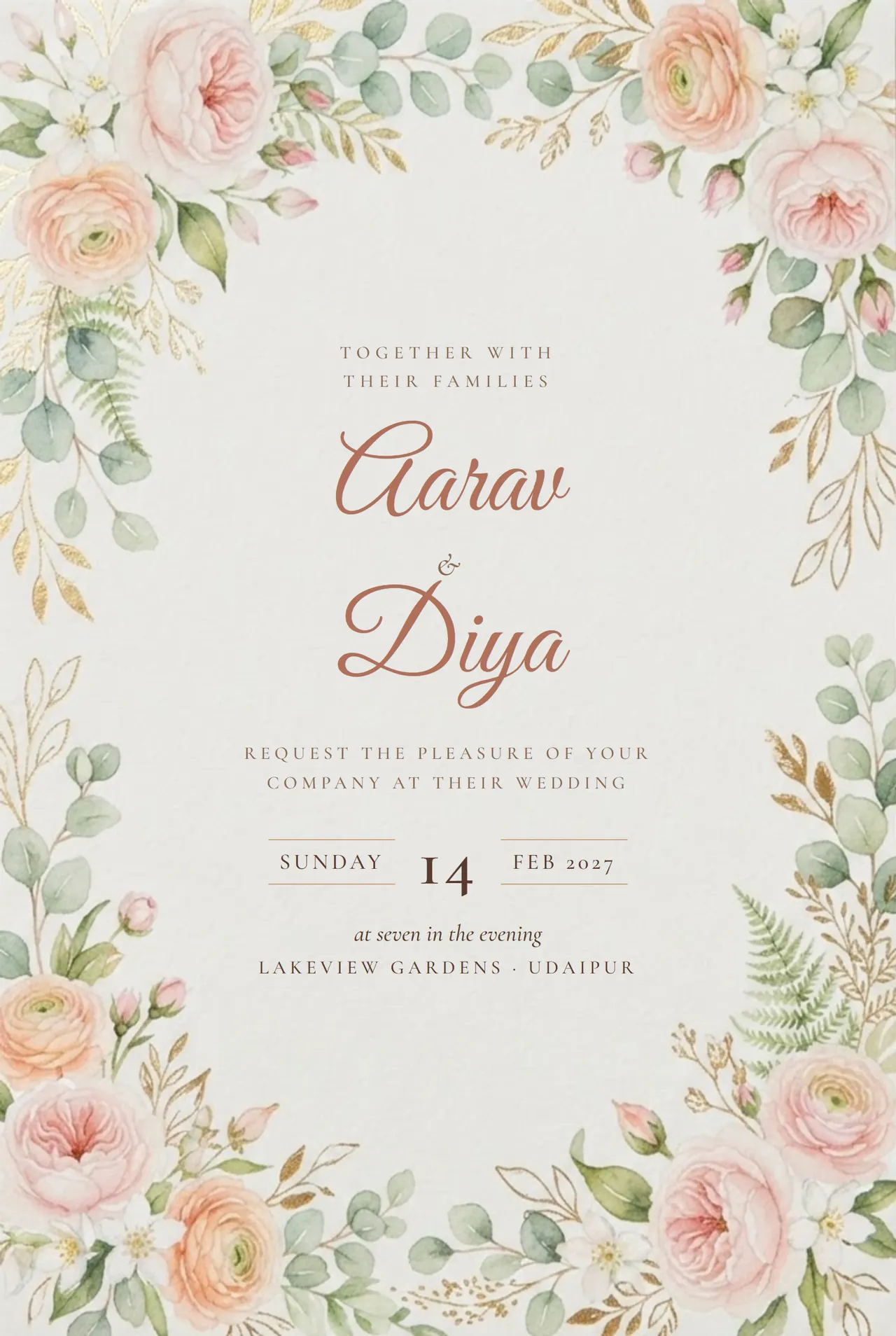 Watercolour wedding invitation with blush roses, eucalyptus and gold leaves framing script names