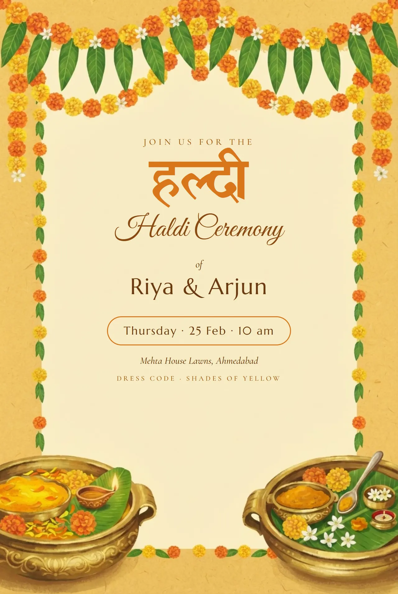 Turmeric-yellow Haldi ceremony card with marigold garlands, a mango-leaf toran and brass urlis