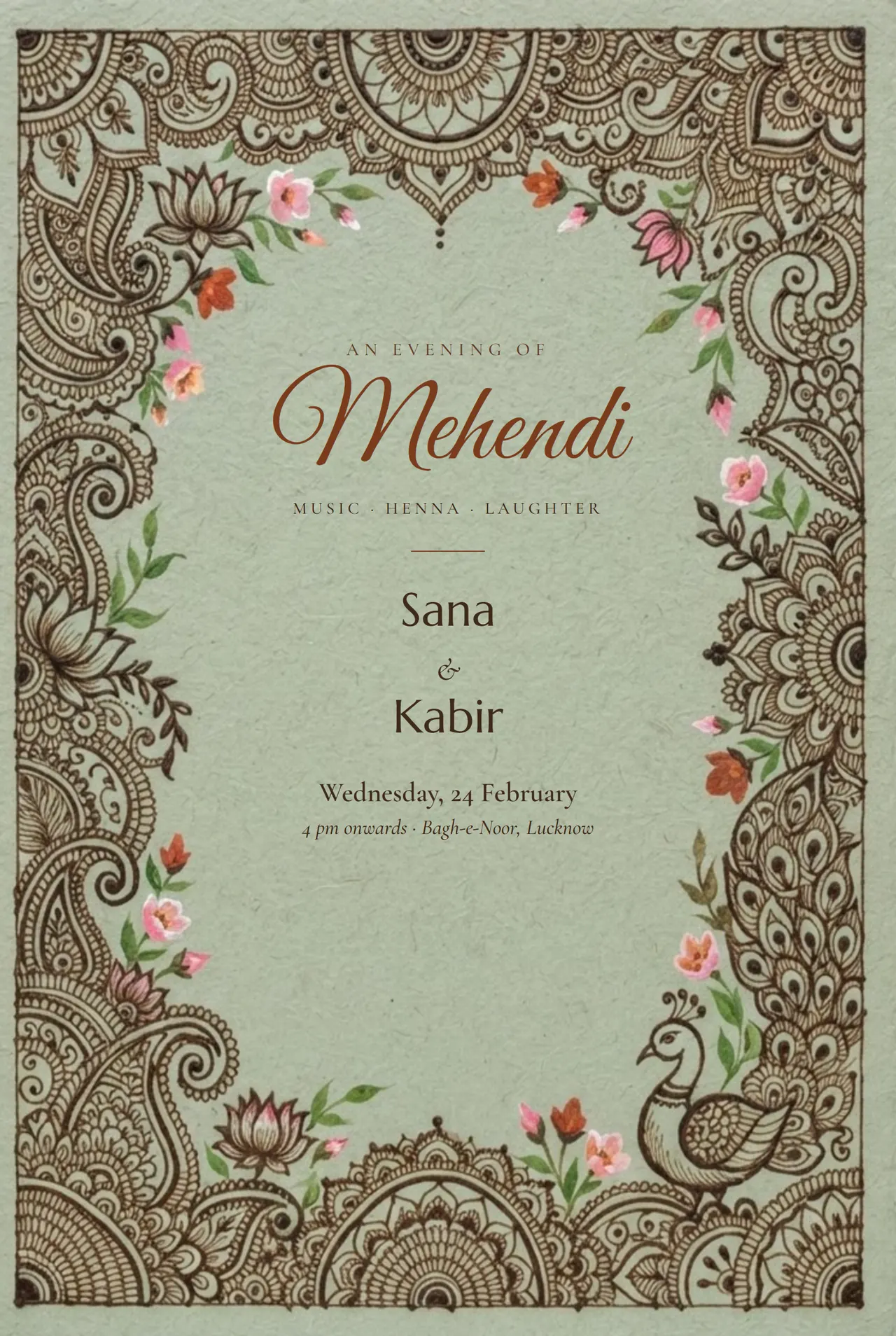 Sage green Mehendi invitation framed with hand-drawn henna paisleys, lotus and a peacock