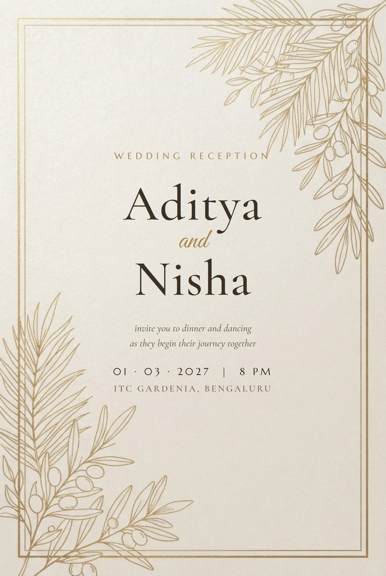 Ivory wedding reception invitation with gold line-art palm and olive branches