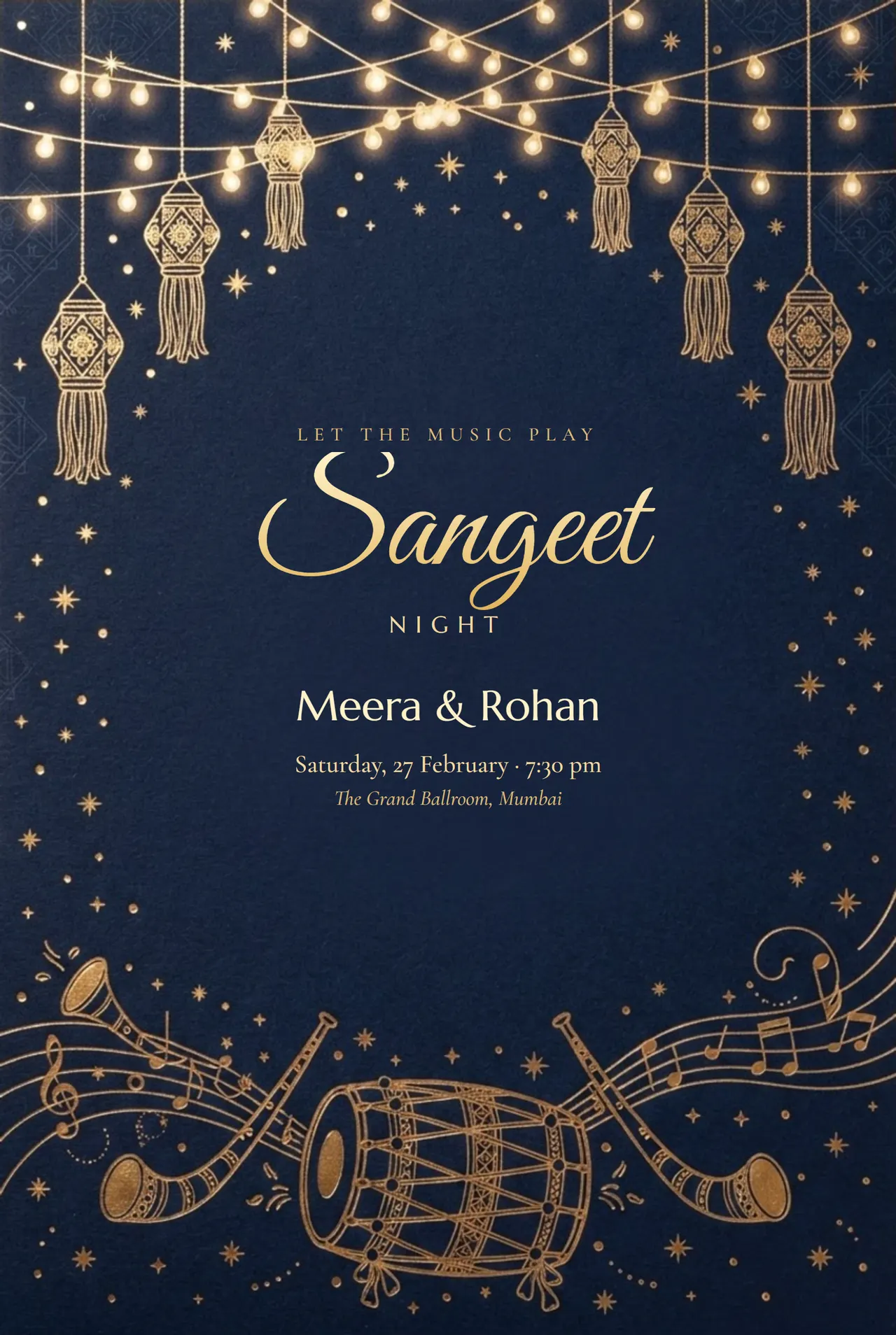 Midnight blue Sangeet night invitation with gold fairy lights, lanterns and a dholak