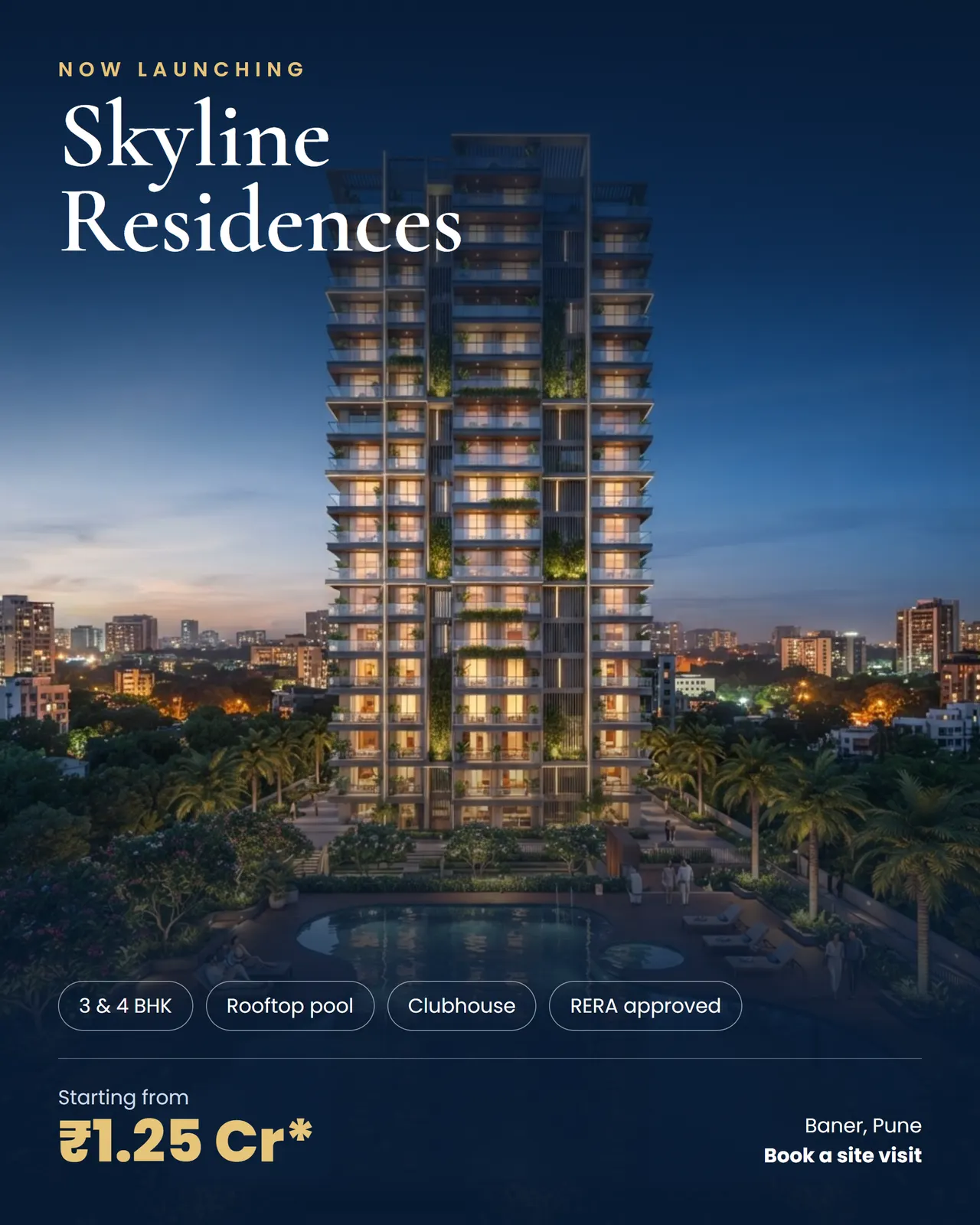 Real estate launch poster: modern apartment tower at dusk with amenities and starting price