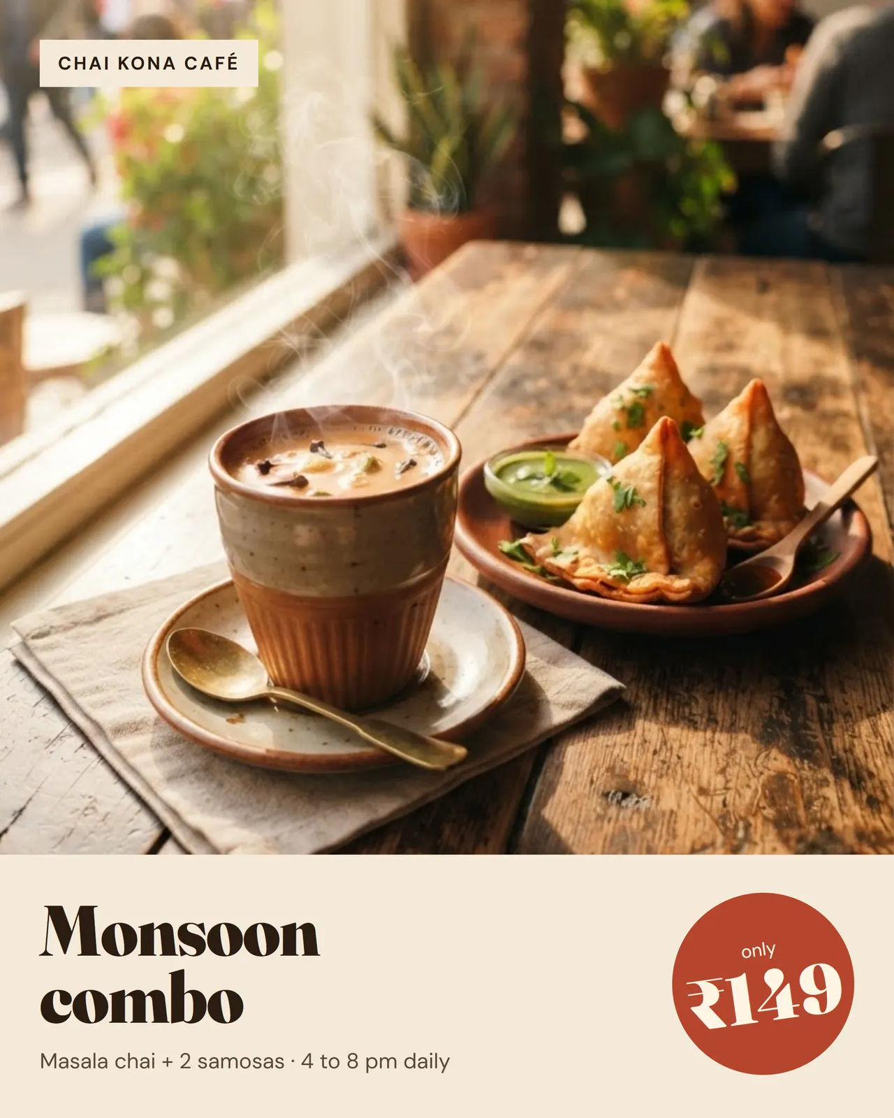 Café social media poster: chai and samosas photo with a round ₹149 price badge