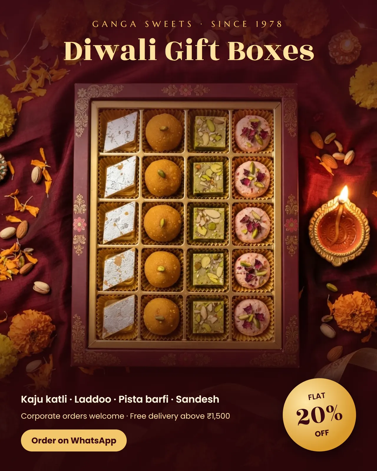 Sweet shop Diwali poster: gift box of kaju katli, laddoos and barfi with a 20% off badge