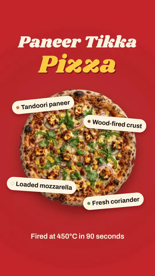 Promo reel for a pizza brand: a cheese pull, a paneer tikka pizza spinning in with its toppings named, a Tuesday buy-one-get-one offer and an order button