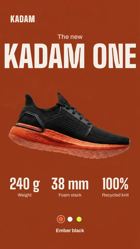 Launch reel for a running shoe: a night run with bold words, the shoe floating as it changes through three colourways, its specs and the launch price