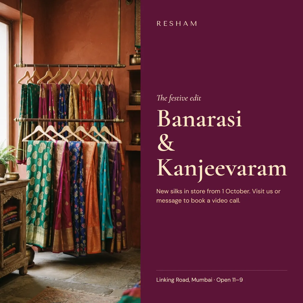 Saree boutique Instagram post in deep magenta with an elegant serif headline